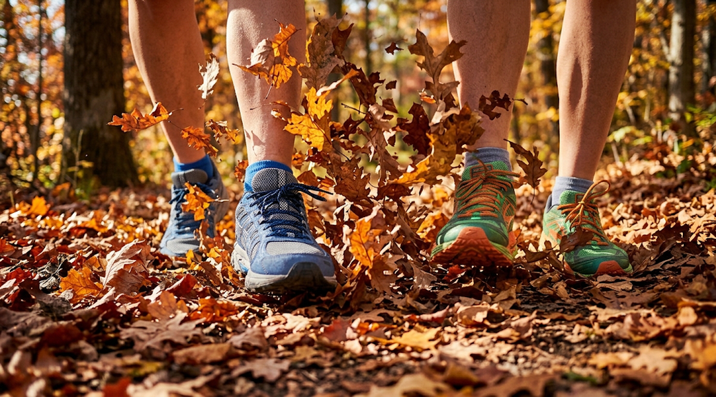Eine dynamische Nahaufnahme, generiert mit künstlicher Intelligenz, zeigt zwei Läufer von den Knöcheln abwärts, die in leuchtend blauen und grünen Laufschuhen durch ein tiefes Bett aus herbstlichen Blättern joggen. (KI-generiert)